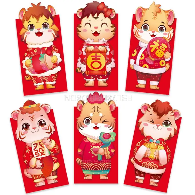 6Pcs Chinese New Year Red Envelopes Creative Red Packages 2022 The Year Of Tiger