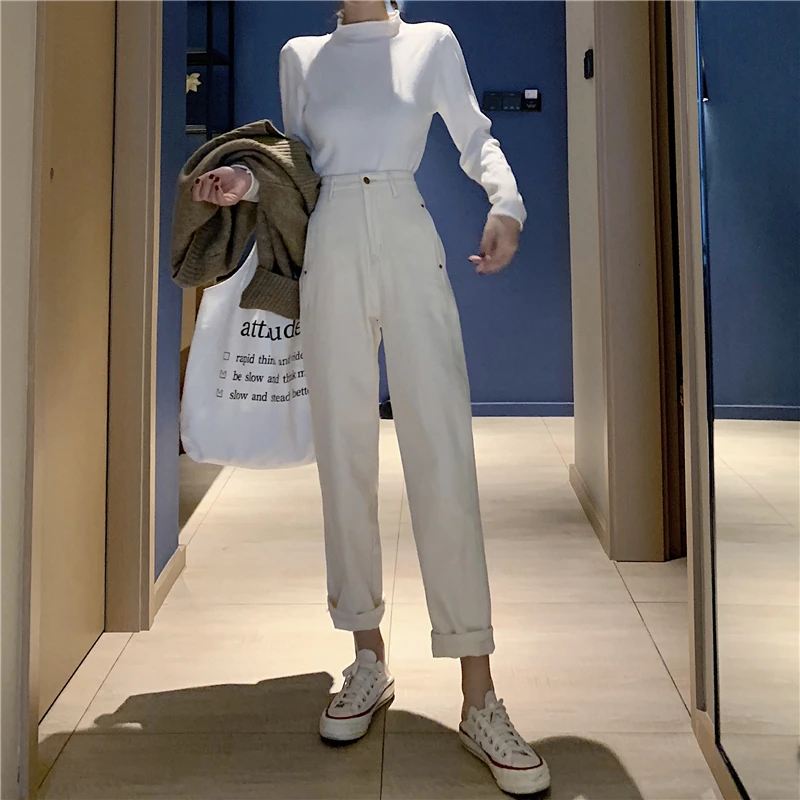 Фотосессия корейско-Стиль шик на раннюю весну Стиль Slim Fit для похудения с завышенной талией Повседневное свободные Прямые джинсы