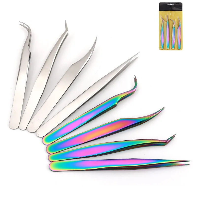 4pcs/set Stainless Steel Eyelashes Tweezers set Professional For Lashes Extension Anti-static Eyebrow Makeup Excellent Closure