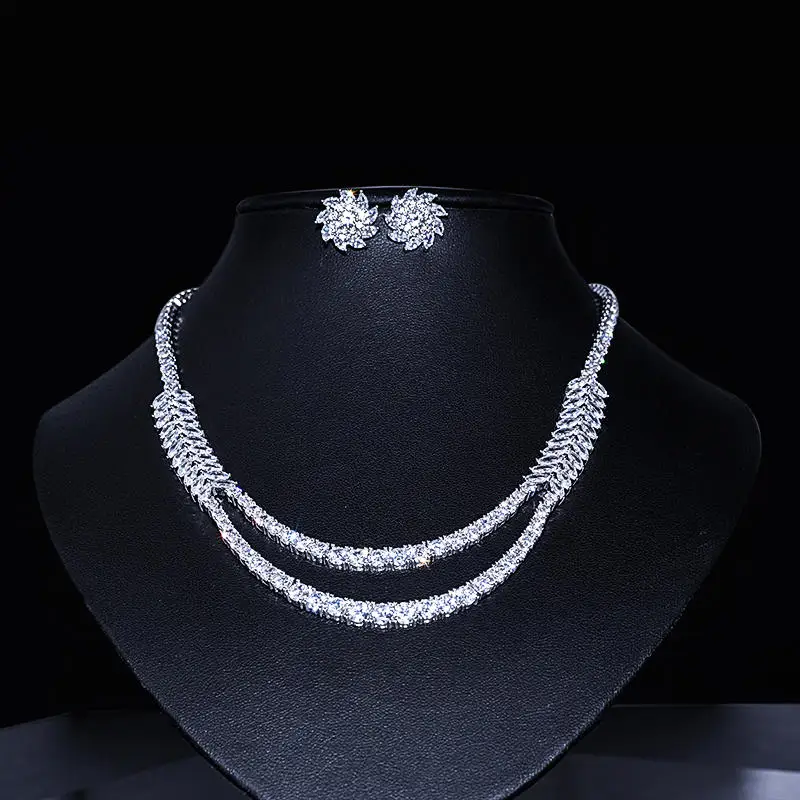 

HIBRIDE Luxury Double Chain Round Clear Cubic Zirconia Women Party Earrings Necklace Bridal Wedding Jewelry Sets N-1099