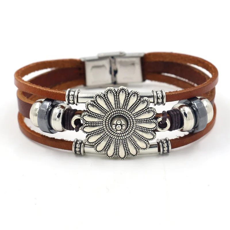 Bracelet Jewelry Trendy Punk Multilayer Leather Bracelet Female Fatima Hand Sun Flower Leaf Alloy Accessories for Wristband Gift