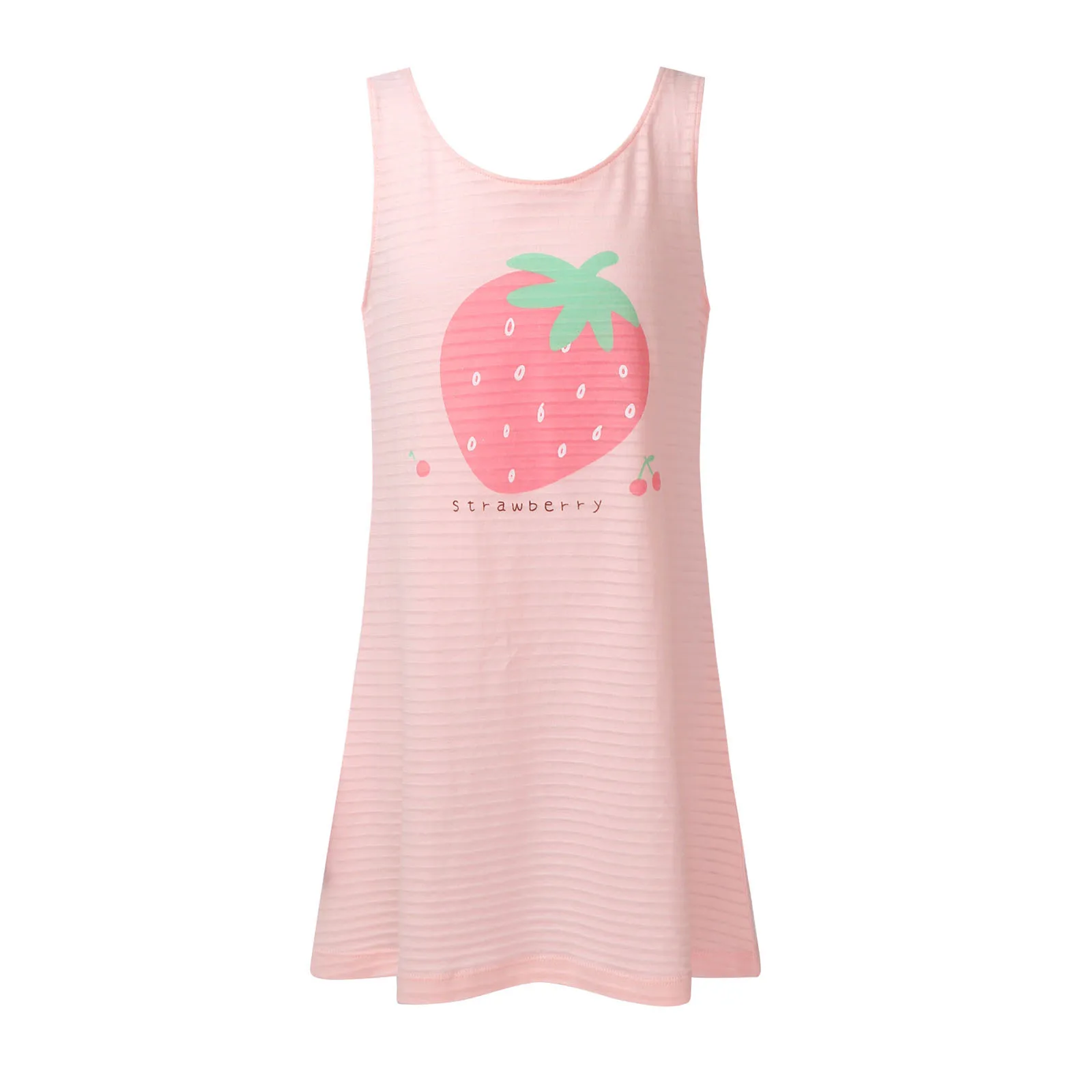 

Summer Girls Pajama Dress Kids Cotton Sleepwear Nightgowns Round Neck Sleeveless Print Strawberry and Letter Pattern Sleep Dress