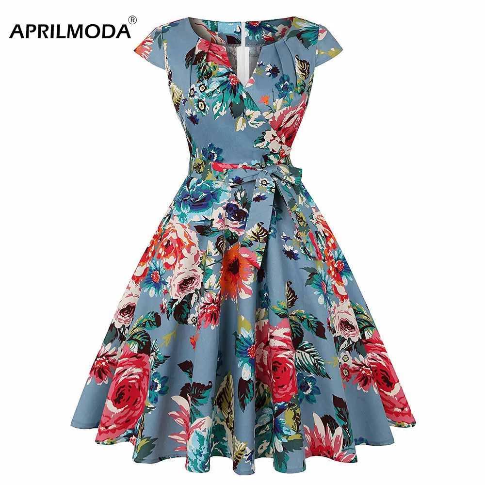 

Plus Size Women Dress Floral Printed V Neck Cotton Cap Sleeve 50s 60s Retro Vintage Tunic Big Swing Women's Dresses Pin up Gown