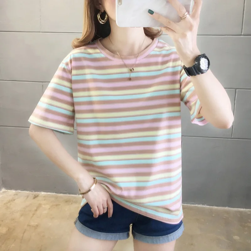 

2020 New Colorful Striped Tee Loose Round Neck Female Top Summer Casual Short Sleeves T-shirt