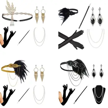 

7pcs Ladies Feather Hairband Set with Necklace Earrings Gloves Tobacco Stems