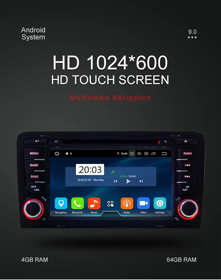Flash Deal Besina 2 Din Car Radio Android 9.0 Car DVD Player For AUDI A3 S3 2002-2011 GPS Navi Steering Wheel Multimedia Auto Audio Canbus Video Stereo WIFI 4G RAM 64G ROM 1