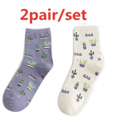 2Pair 1/2/3 пары модных носков с рисунком кактуса растений короткие Для женщин носки в стиле Харадзюку для девочек удобные хлопковые носки завод шар печать короткие носки - Цвет: 2Pair