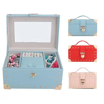 

2-Layers Necklace Storage Earring Container Box Jewelry Holder with Handle Lock Mirror jewelery organizer Display for Jewelry y