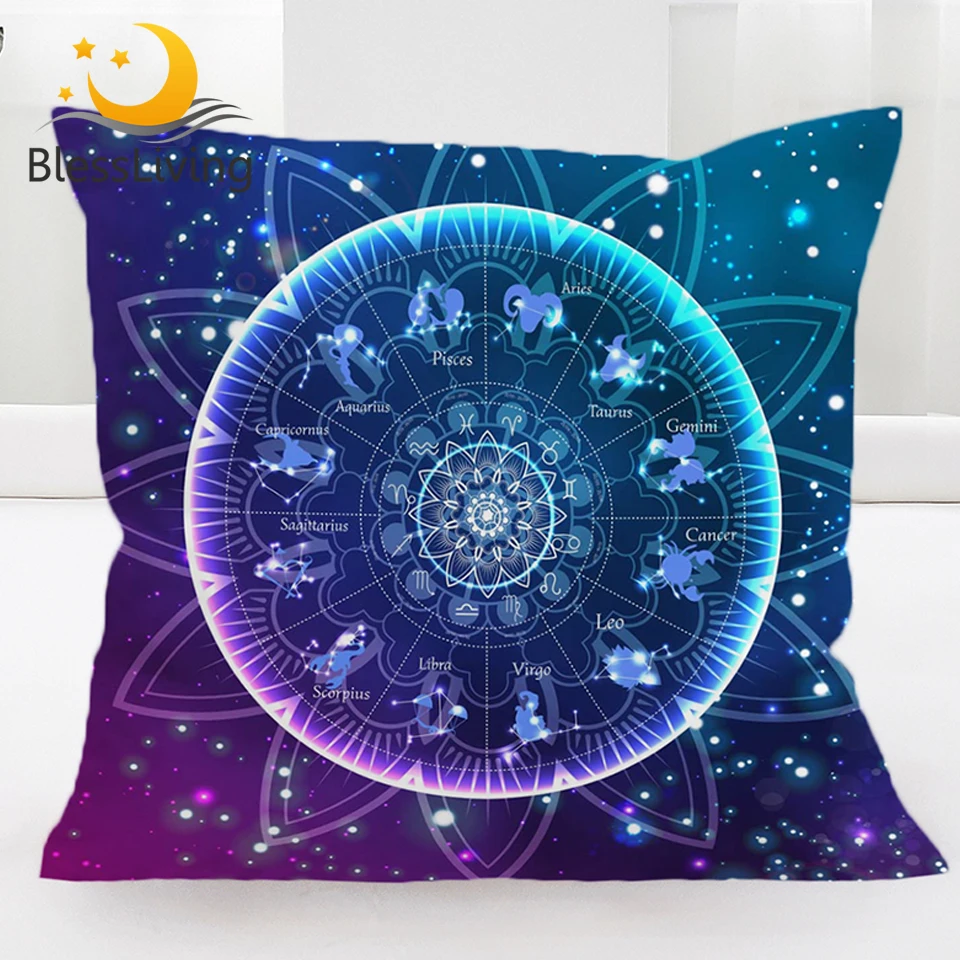 

BlessLiving Zodiac Pillow Cover Lotus Mandala Cushion Cover Bling Glitter Galaxy Pillow Case Astrology Hippie Kussenhoes