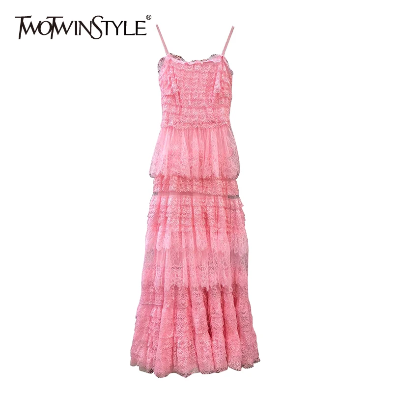 TWOTWINSTYLE Patchwork Lace Sling Women's Dresses Square Collar Sleeveless High Waist Maxi Dress Female Summer 2020 New Tide TWOTWINSTYLE Patchwork Lace Sling Women's Dresses Square Collar Sleeveless High Waist Maxi Dress Female Summer 2020 New Tide