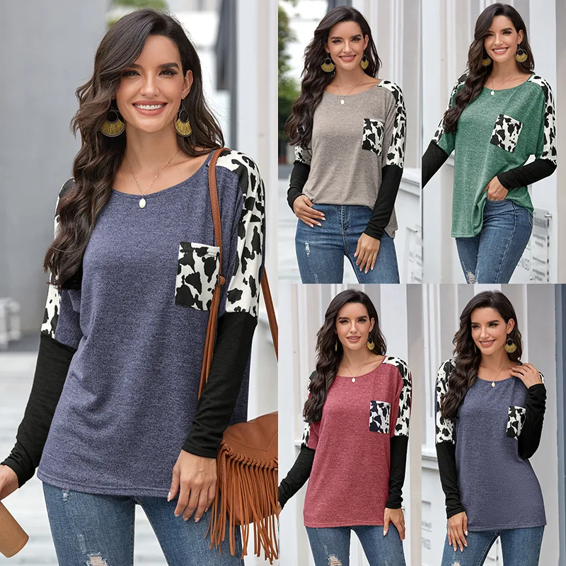 

2020 New Autumn and Winter Leopard Print Pocket Long Sleeve T-shirt Women European and American Women's Tops Casual Loose