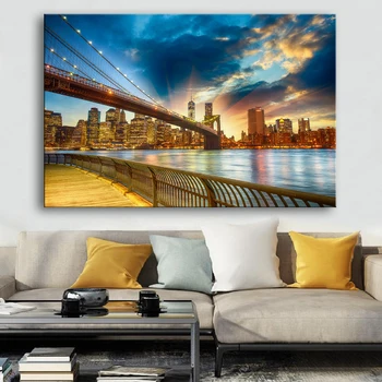 

Large Brooklyn Bridge Dusk View Landscape Posters Canvas Paintings Wall Art Pictures Living Room Decorative Wall Art Prints
