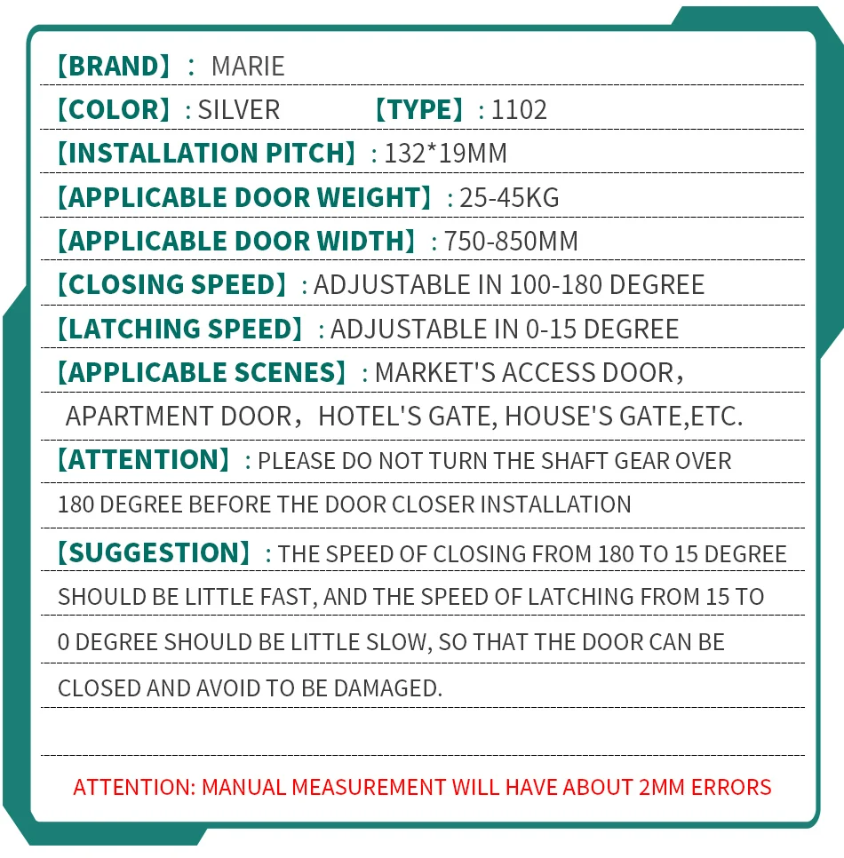 Marie 1102 silver automatic speed adjustable hydraulic buffer simple installation door closer for 25-45kg commercial residential_17