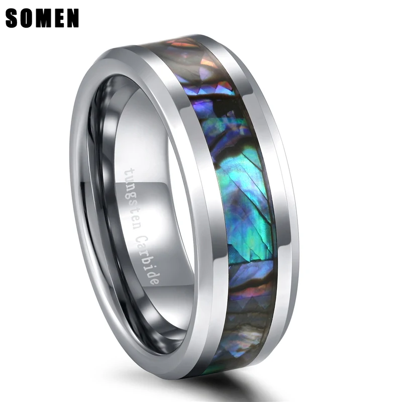 

Somen Men's 8mm Abalone Shell Ring Wedding Ring Boyfriend Gift size 6-12 Beveled Tungsten Wedding Rings Comfort Fit Size 7 to 12