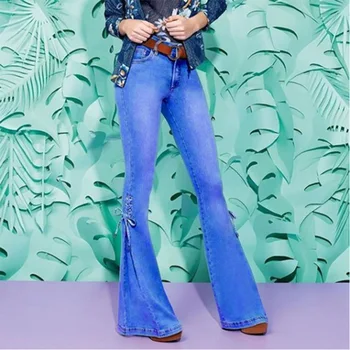 

Ladies Mid-Waist Belt Denim Stretch Micro Bell Bottom Jeans Casual Fashion Jeans S55