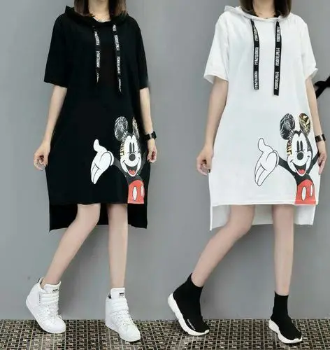 

2019 Autumn Mickey Mouse Pullover Women Dresses Fashion Loose Women Work Wear Plus Size Cartoon Print Dress Xl-5XL