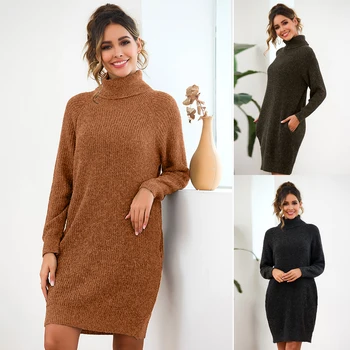 

2019 autumn and winter new ladies sweater warm loose long sweater skirt high collar long sleeve lazy sweater women