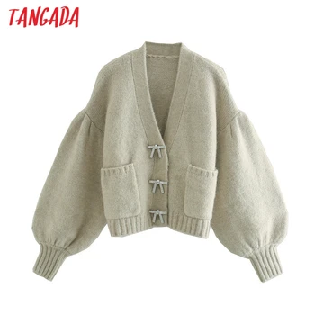 

Tangada 2020 Women Bow Beading Button Decorate Knitted Cardigan Sweater Jumper Vintage Long Sleeve Female Outerwear BE329
