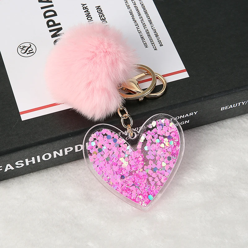 Love Heart Pompom Ball Keychains for Women Purse Bag Charm Pendant