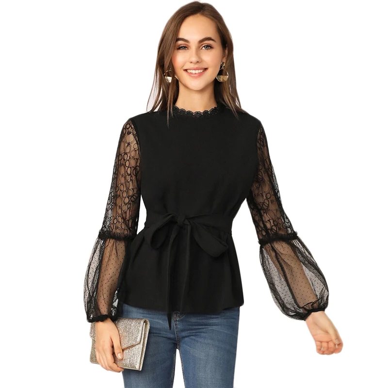 Sheinside элегантная контрастная сетчатая блузка с поясом женские осенние черные блузки с рукавом-фонариком Женские Твердые замочные скважины Топ
