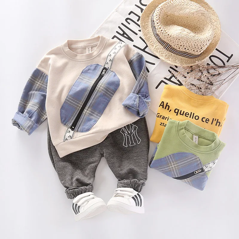 

Spring Cartoon Plaid Stitching Contrast Color New Style Fashion Round-neck Pullover Fake Shoulder Bag Casual Two-Piece Set