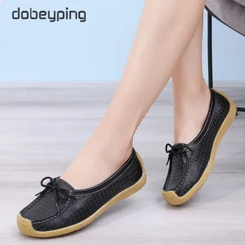 

New Spring Autumn Shoes Woman Genuine Leather Women Flats Lace-Up Women's Loafers Square Toe Non Slip Female Shoe Big Size 35-44