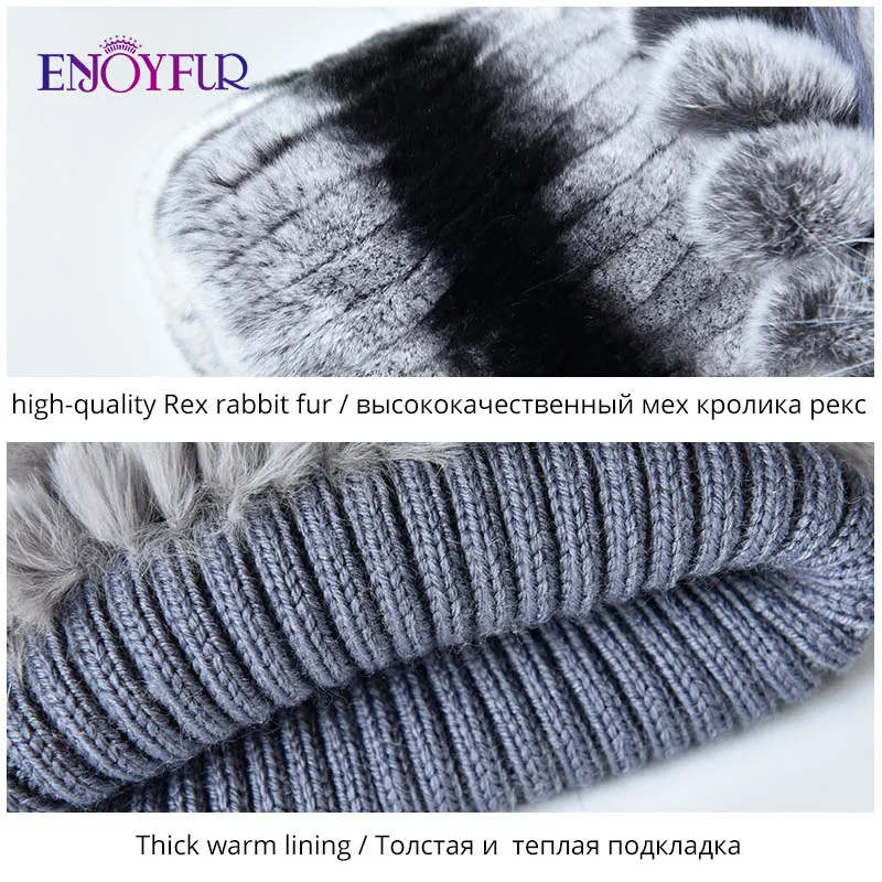 ENJOYFUR зимние шапки из меха кролика Рекс, на толстой подошве, женская теплая Cap top вязаная Цветочная форма русский женская меховая шапка