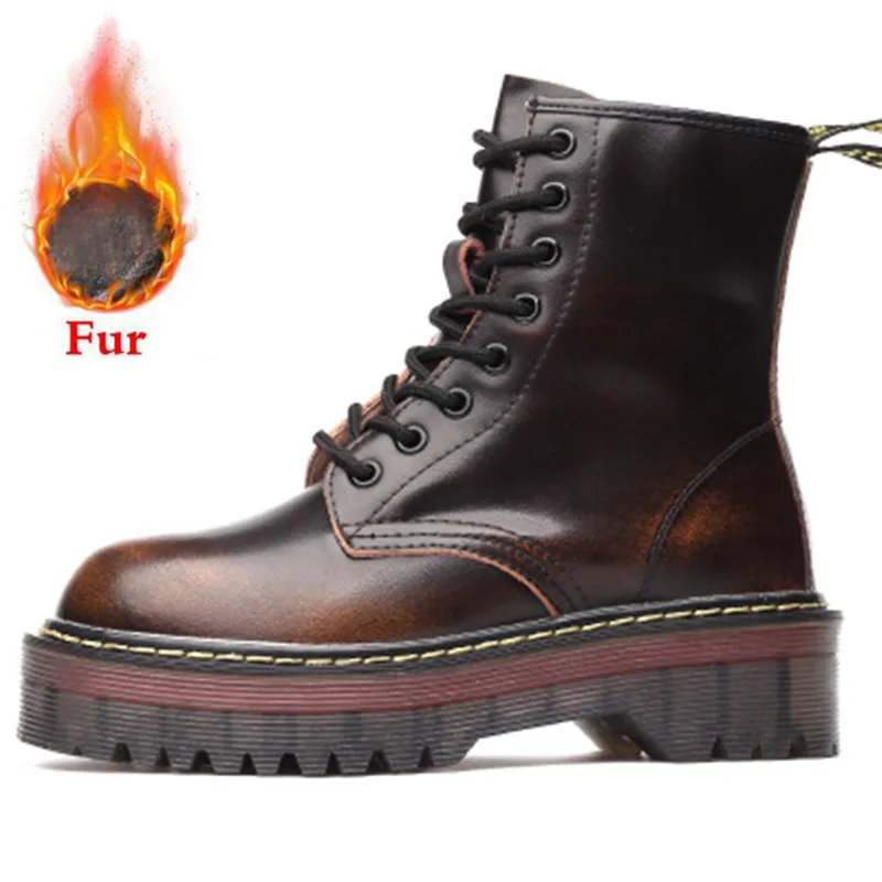 Brown with fur Осенне-зимние ботинки на платформе и толстом каблуке; модные кожаные ботинки на меху с круглым носком на шнуровке; женская обувь; женские ботинки; ботильоны; botas mujer - Цвет: Brown with fur