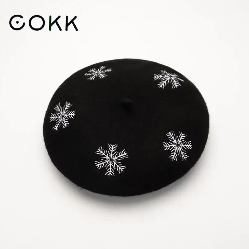 Женский шерстяной берет COKK черный и красный вязаный береты с вышивкой в виде