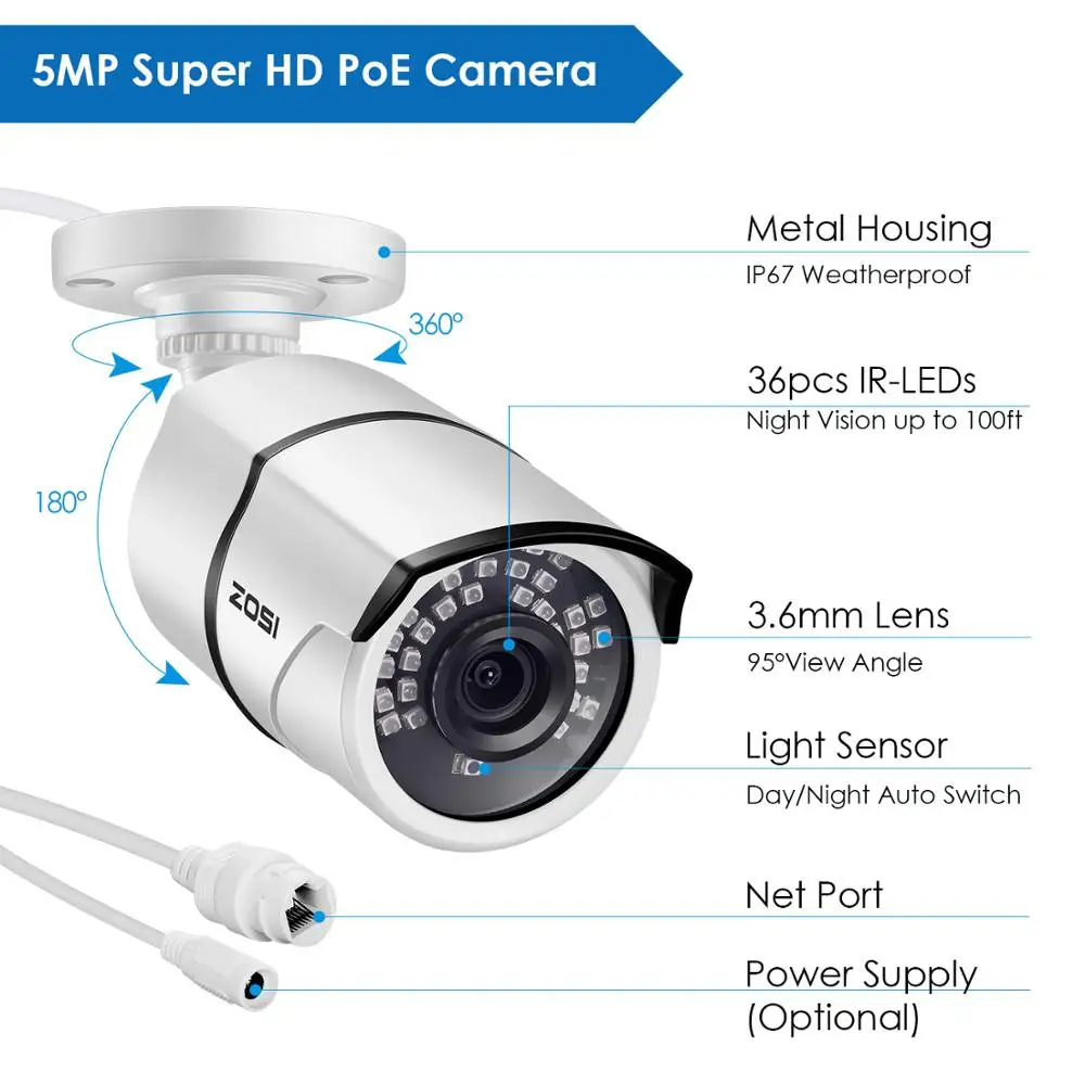 ZOSI 1080P HD POE IP камера 2 Мп цилиндрическая видеонаблюдения для системы NVR