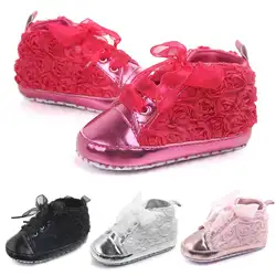Осенне-весенняя обувь для маленьких девочек; однотонные Нескользящие кроссовки со шнуровкой и цветком розы; обувь для девочек