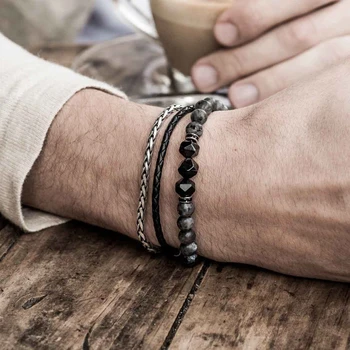 

Mens charming Bracelet 3 pieces/lot Set Handmade DIY mix Natural Stone Classic Beads Genuine Leather and Stainless Steel Chain