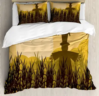 

Scarecrow Duvet Cover Set Countryside with Corn Field Silhouette 3 Piece Bedding Set Mustard Green Brown