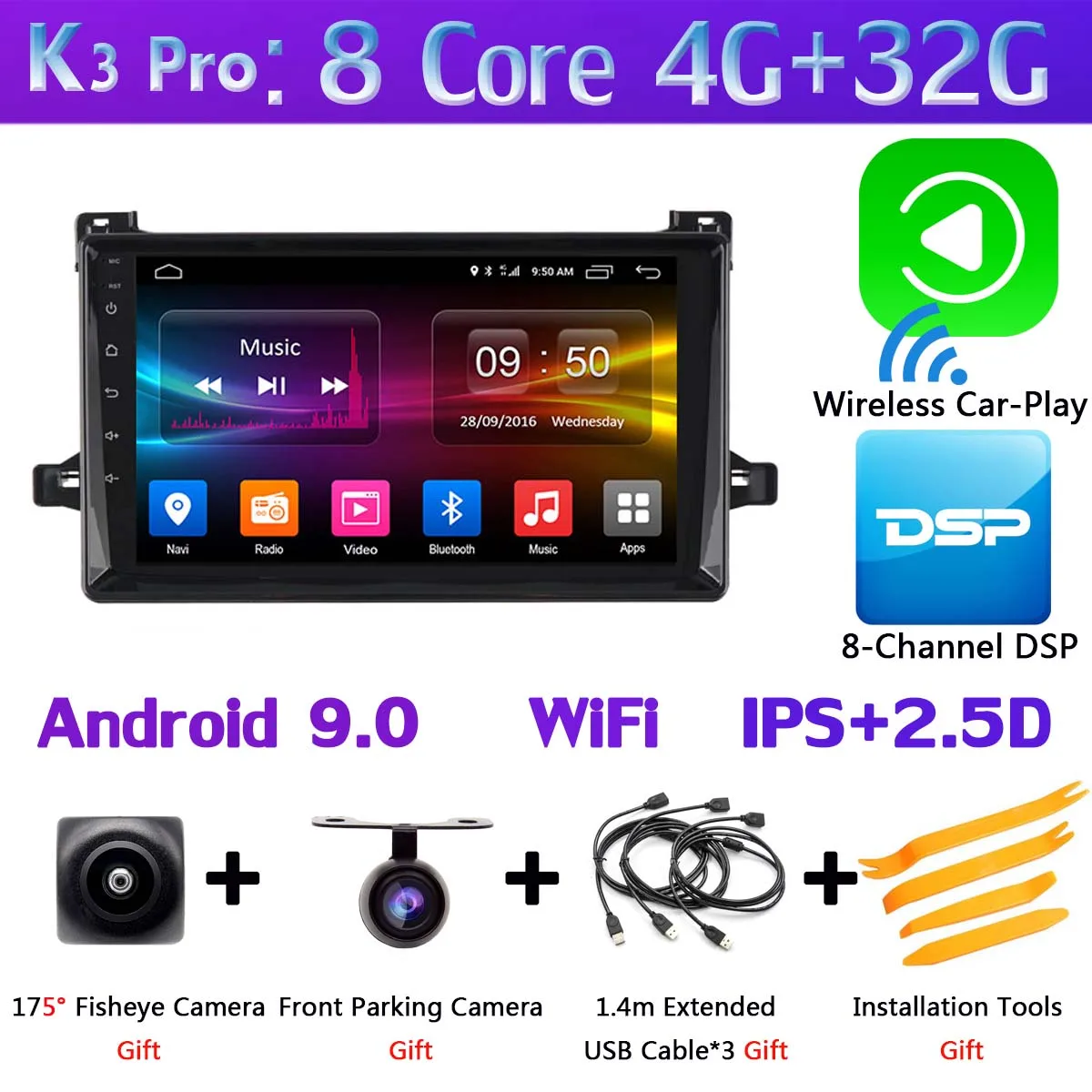 360 ° камера Android 9,0 4G ram+ 64G rom автомобильный DVD мультимедиа для Toyota Prius gps Радио DSP CarPlay головное устройство - Цвет: K3 Pro CarPlay