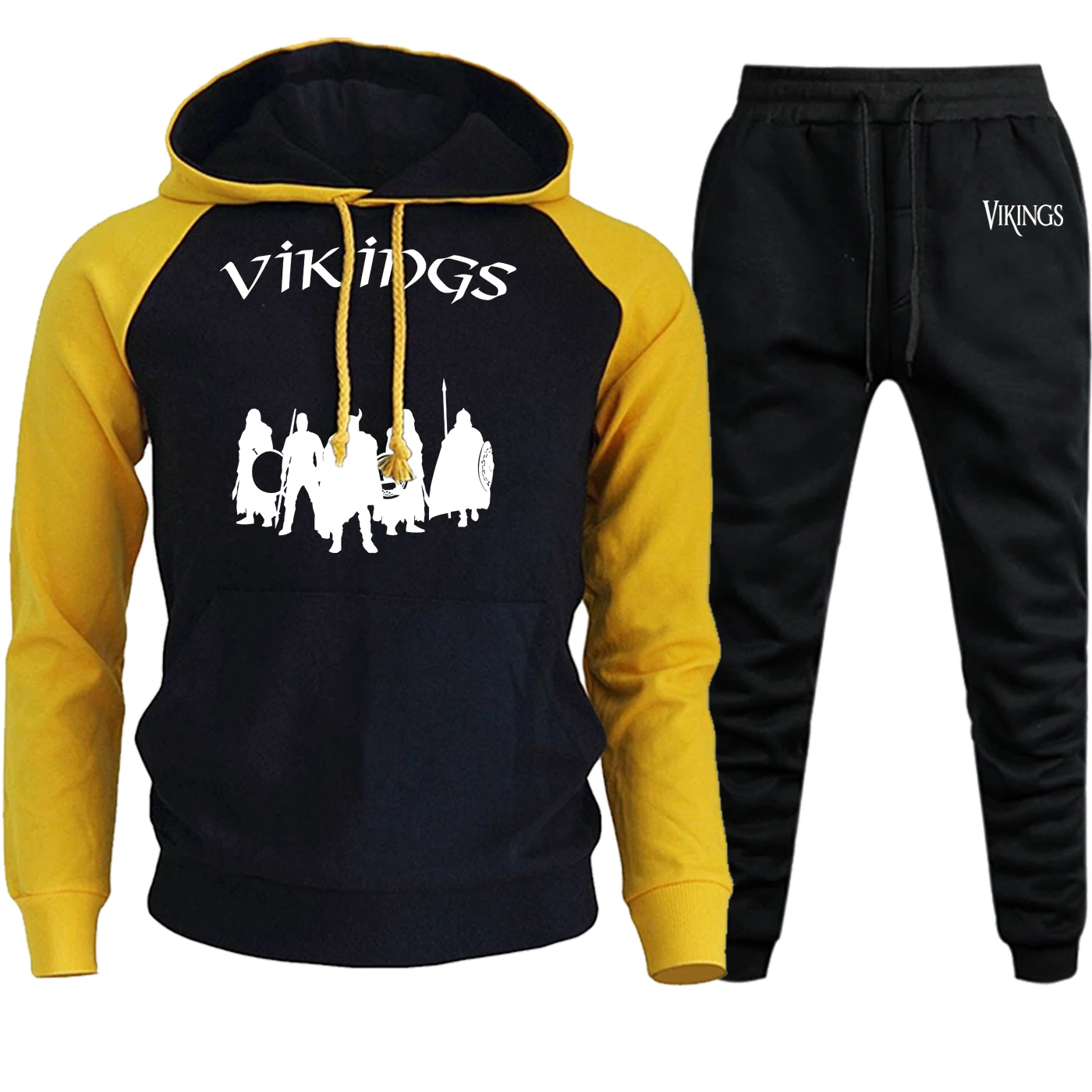 Vikings Odin, уличная одежда, реглан, мужские толстовки, хип-хоп, Осень-зима, повседневный хип-хоп костюм, мужской пуловер, толстовка+ штаны, комплект из 2 предметов - Цвет: yellow black5