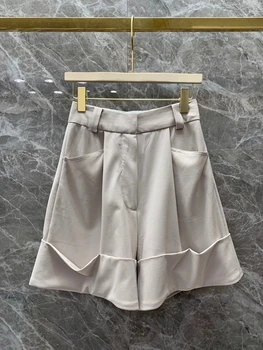 

2020 Spring and Summer New Women's Solid Color Decoration Symmetric Pocket Wild Crimping Wide-Leg Capris, Leisure 514