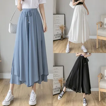 

Women Summer Loose Pant Ladies Chiffon Elastic Waist Solid Pleated Casual Ankle-Length Pants