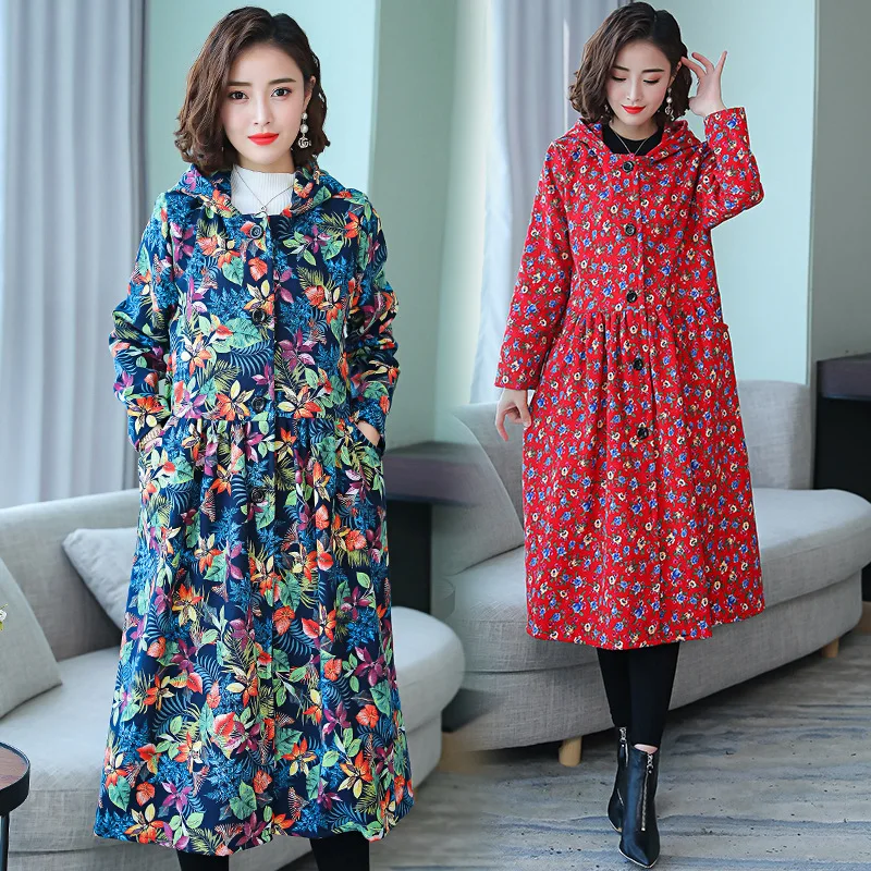 

Photo Shoot 8689 Autumn And Winter plus Velvet Long Sleeve Hooded Cotton Linen Coat Retro National Wind WOMEN'S Dress Thick Warm