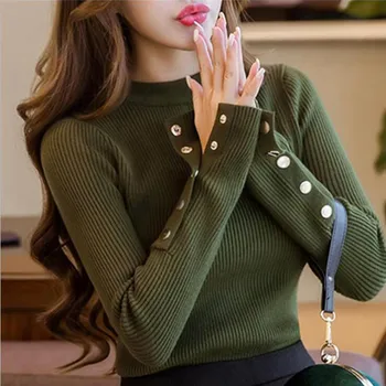 

Fashion 2019 Autumn Winter Bottoming Sweaters O Neck Long Sleeve Buttons Slim Sweaters Women Ladies Tops Women Knitted Sweaters