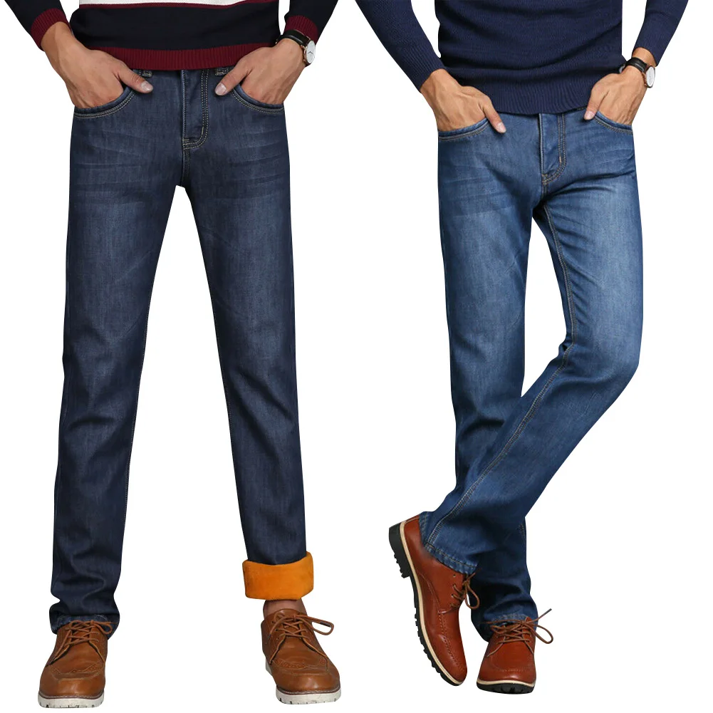 Мужские зимние теплые джинсы с флисовой подкладкой, джинсовые длинные штаны, повседневные теплые штаны для офиса и путешествий, TH36