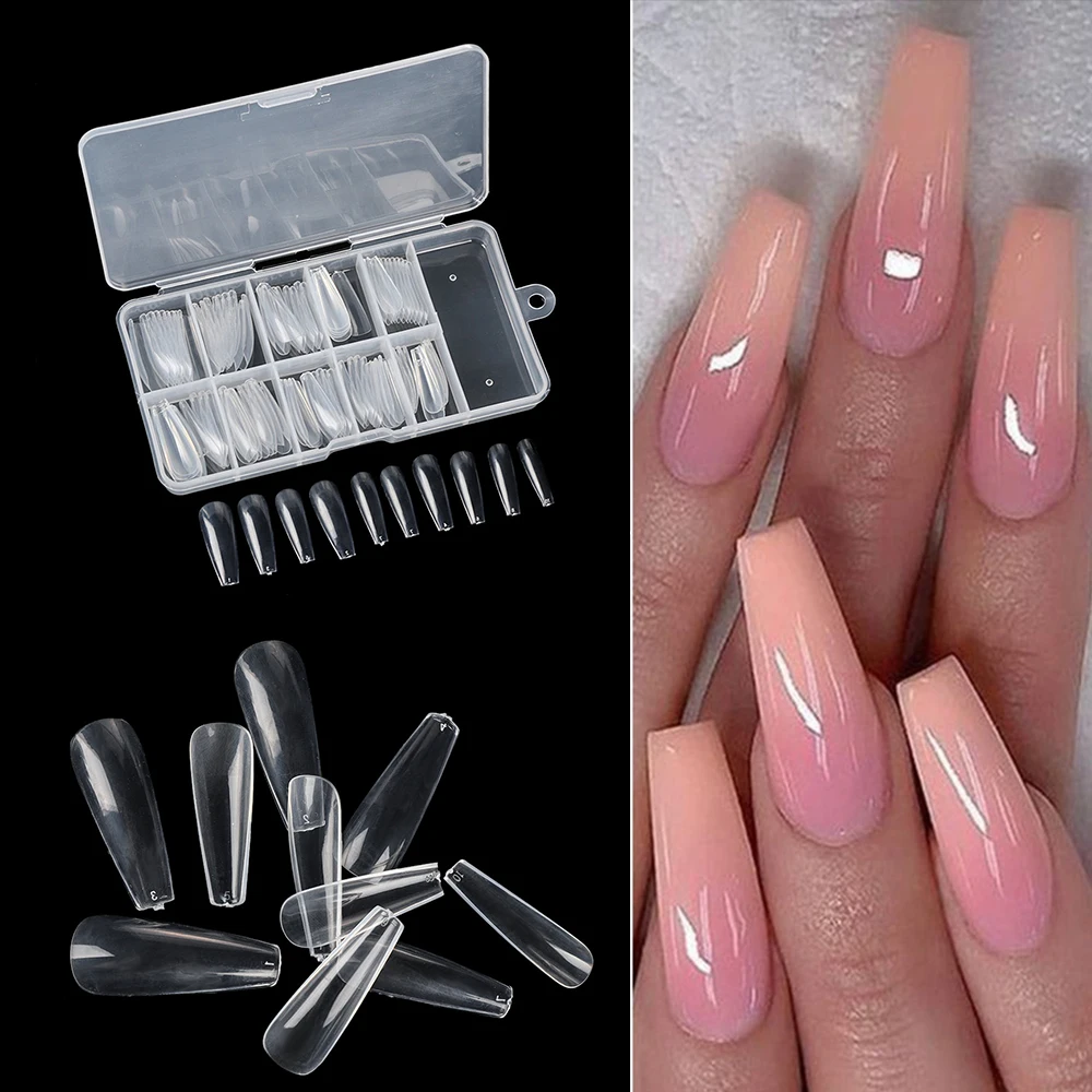 100Pcs/Box UV Gel Full Cover Acrylic Clear White Natural False Nail Ballerina Coffin Fake Nails DIY Manicure Tips Beauty Tools | Красота и