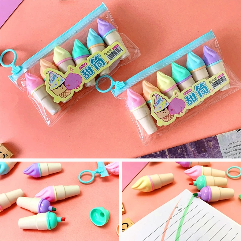 6pcs Cute Mini Highlighter Pen Kawaii Cartoon Ice Cream Shape Fluorescent Marker Pens School Office Stationery Supply