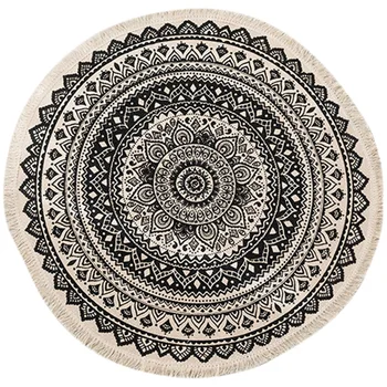 

Cotton Woven Round Area Rug Throw Rugs with Cute Tassels Fringe, Bedroom Living Room Children Playroom Classic Tapestry Floor Ma