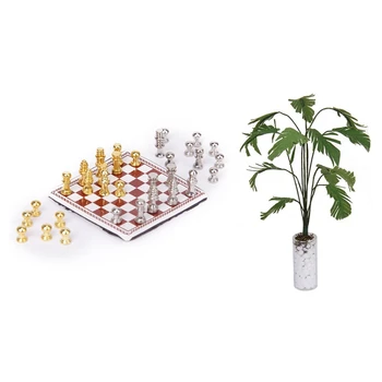 

1:12 Dollhouse Miniature Metal Chess Set Silver and Gold with 1/12 Green Banana White Bottle Doll House Miniature Garden