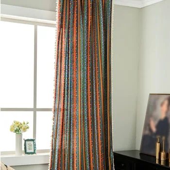 

Home Decor Country Style Stripe Pattern Living Room Soft Darkening Screening Window With Tassels Hanging Shading Curtain Panel