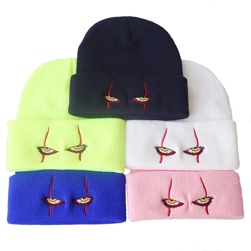 

Autumn Winter Halloween Clown Eyes Unisex Acrylic Knitted Beanies Hat Adult Child Warm Pullover Hip Hop Woolen Cold Cap W116