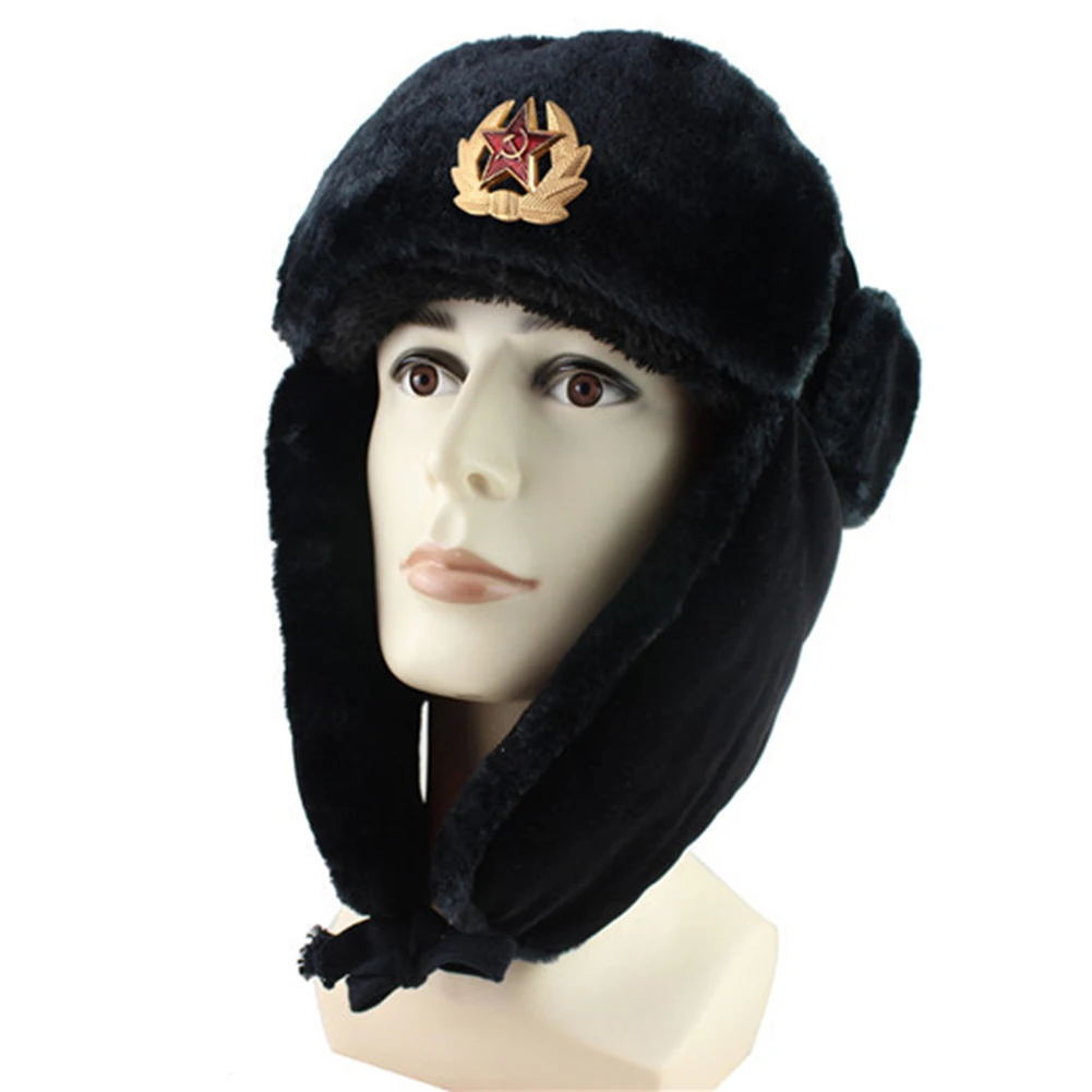 Unisex Star Badge Soviet Hat Warm Windproof Lace Up Outdoor Earflap Snow Cap Warm Outdoor Windproof Clothing Decor Accessory