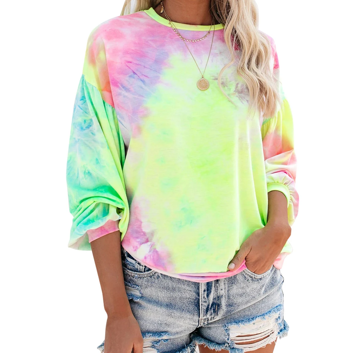

Womens Fashion Long-sleeved Sweater Personality Tie-dye Loose Round Neck Stitching Sweatshirt