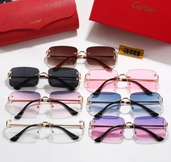 Cartier-gafas de sol de diseño Retro para hombre y mujer, lentes de colores ovalados sin montura, AH23