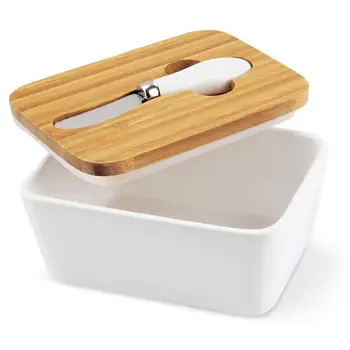 

Porcelain Butter Dish Large Butter Keeper Container with Wooden Lid and Steel cutter Butter Holder in Kitchen Keep Butter Fresh